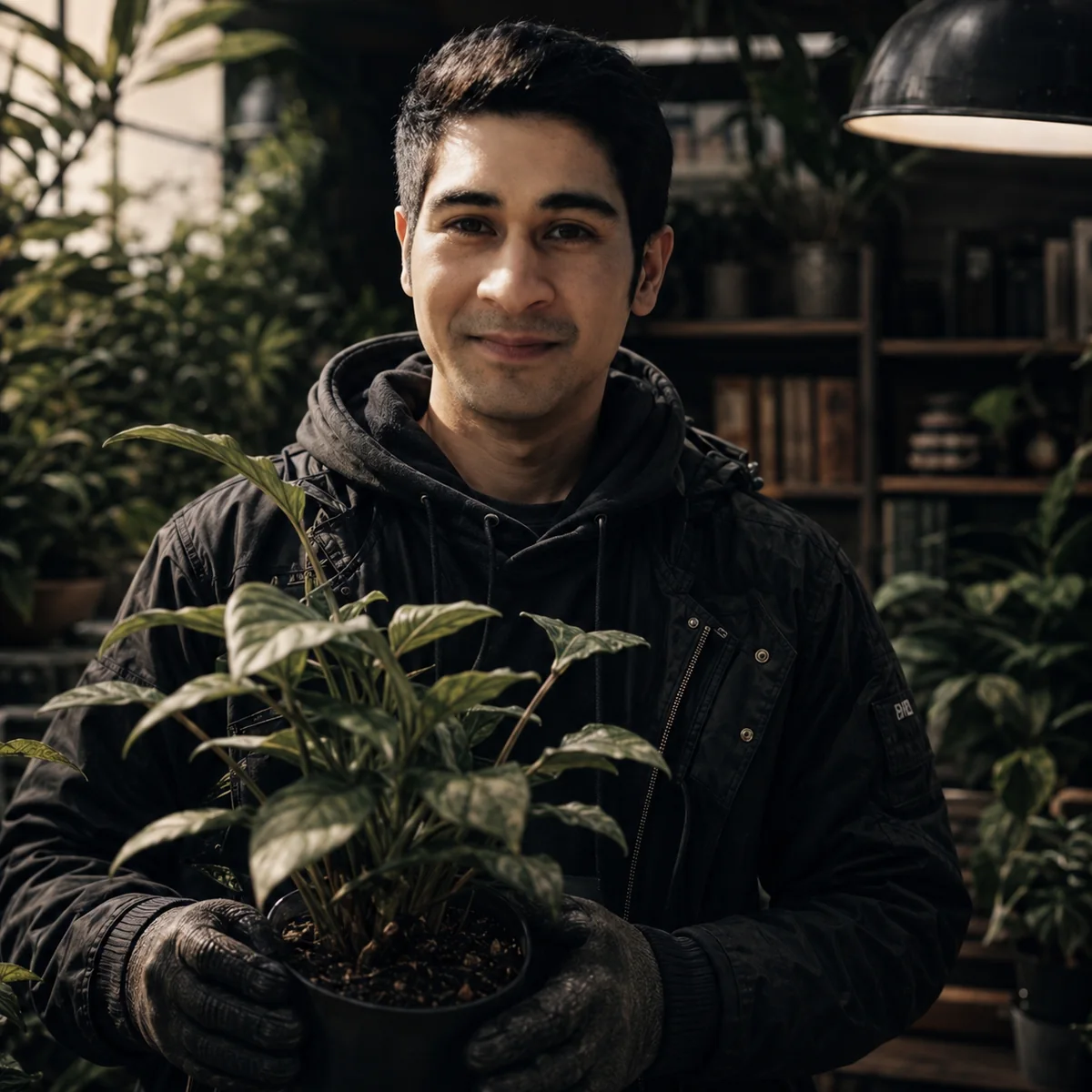 Deniz Arici mit Pflanze in dunkler Gartenumgebung