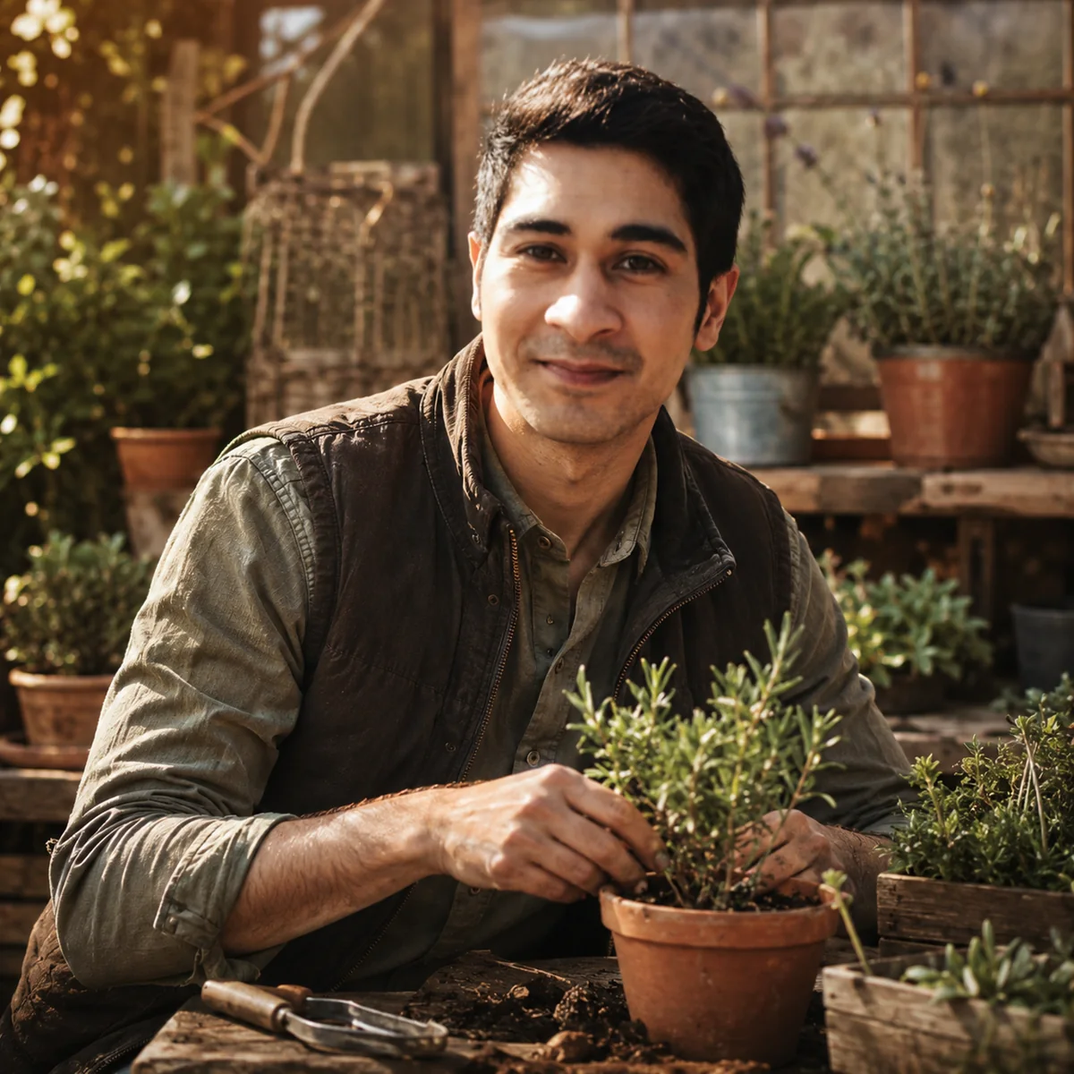 Deniz Arici an einem Gartentisch